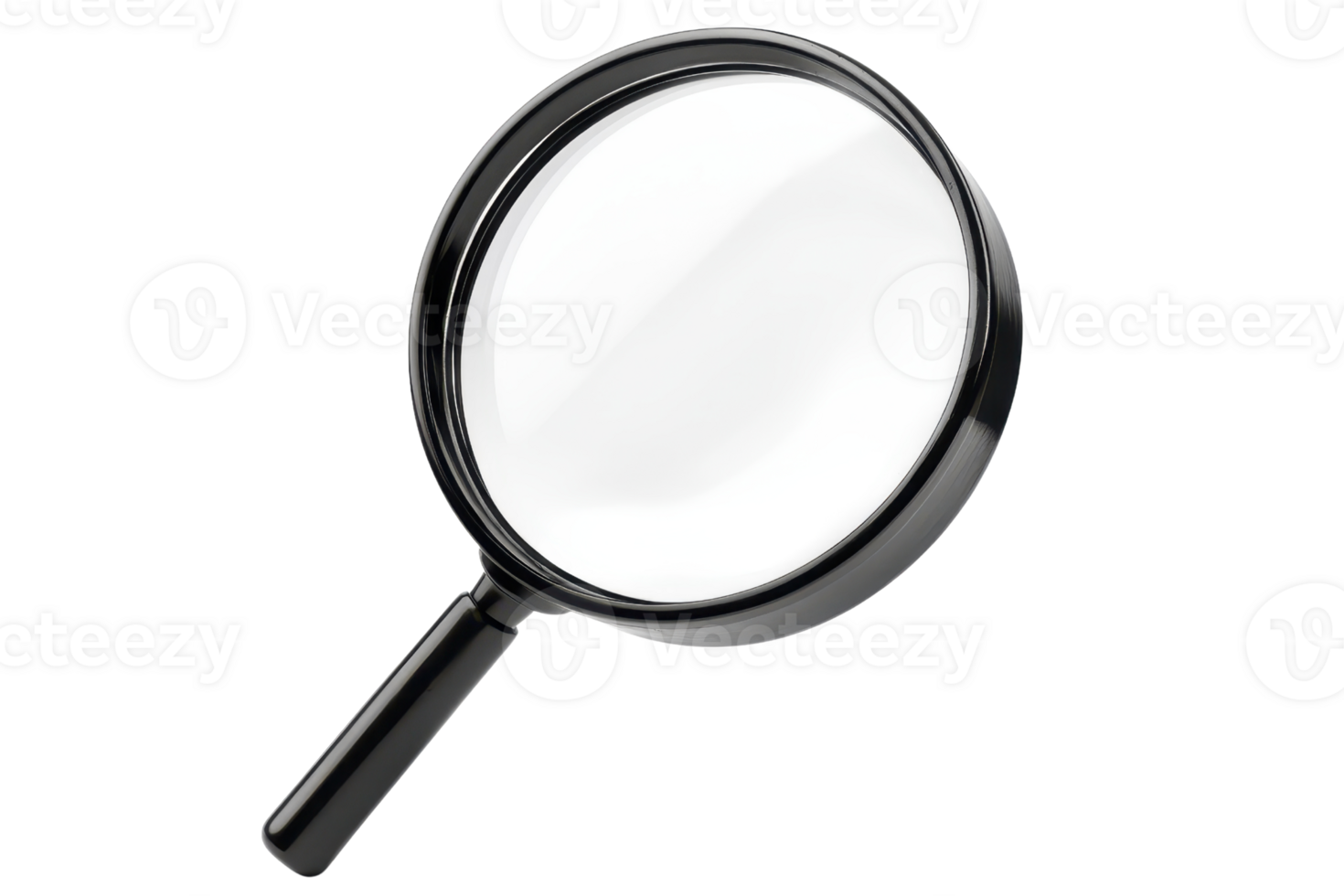 High-quality image of a magnifying glass with a black handle and clear lens, symbolizing search, focus, and investigation concepts. png