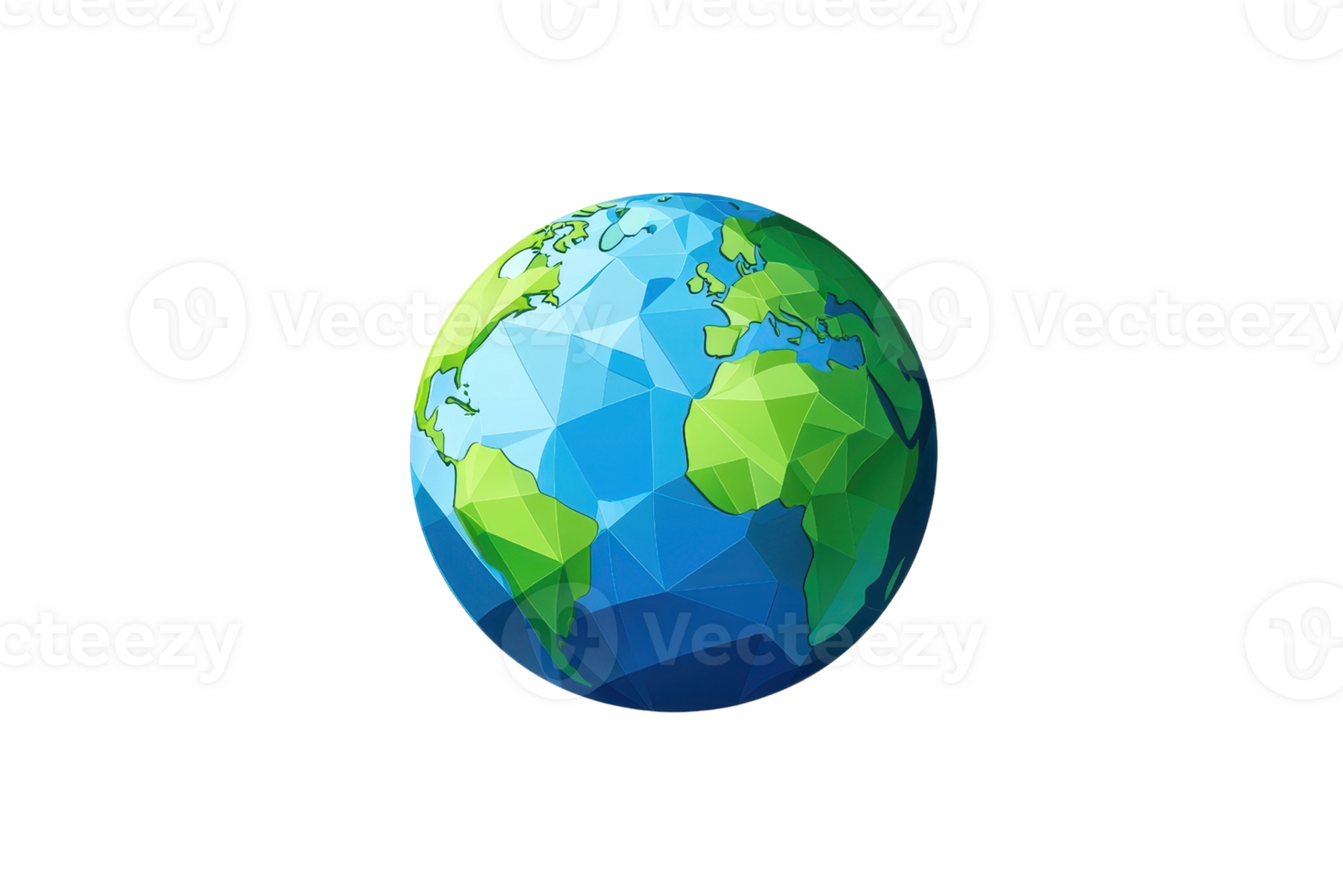 Low poly Earth illustration depicting a stylized globe with geometric shapes, showcasing continents and oceans in a modern artistic style. png