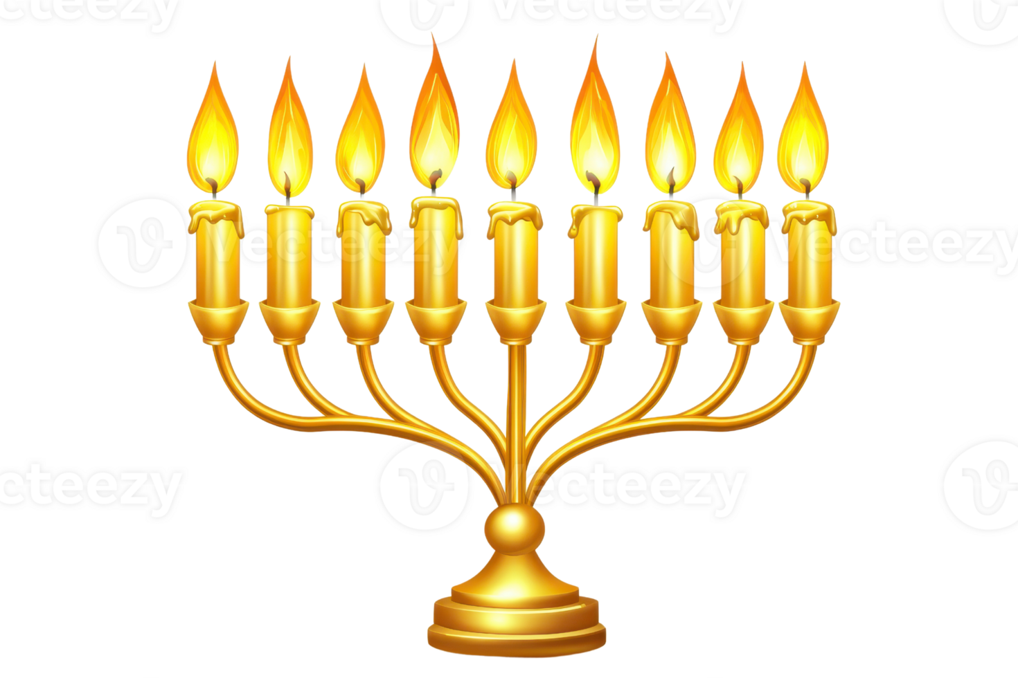 Golden menorah with glowing candles on transparent background, symbolizing the Jewish holiday of Hanukkah and traditional celebrations. png
