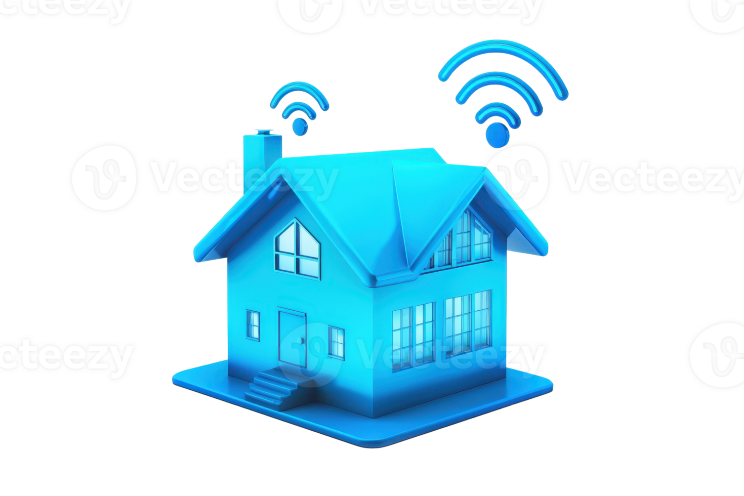 Illustration of a smart home with Wi-Fi signals, symbolizing modern technology and connectivity in residential living. png