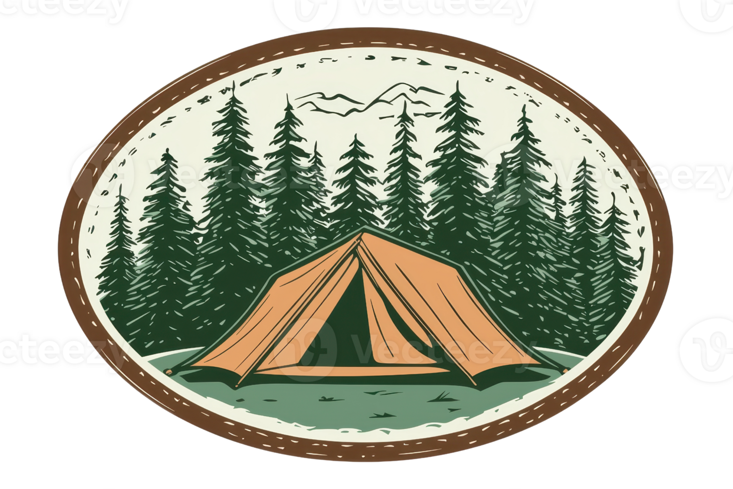 Illustration of a camping scene with a brown tent among pine trees and mountains, set within an oval border. png