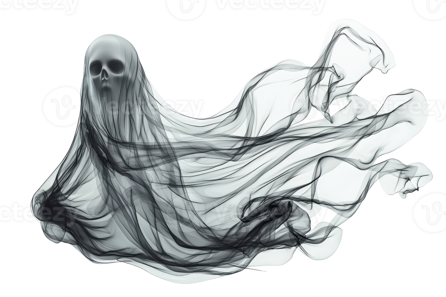 Ethereal ghostly figure in flowing black and gray fabric, reminiscent of smoke or mist, creating a haunting, mysterious atmosphere. png