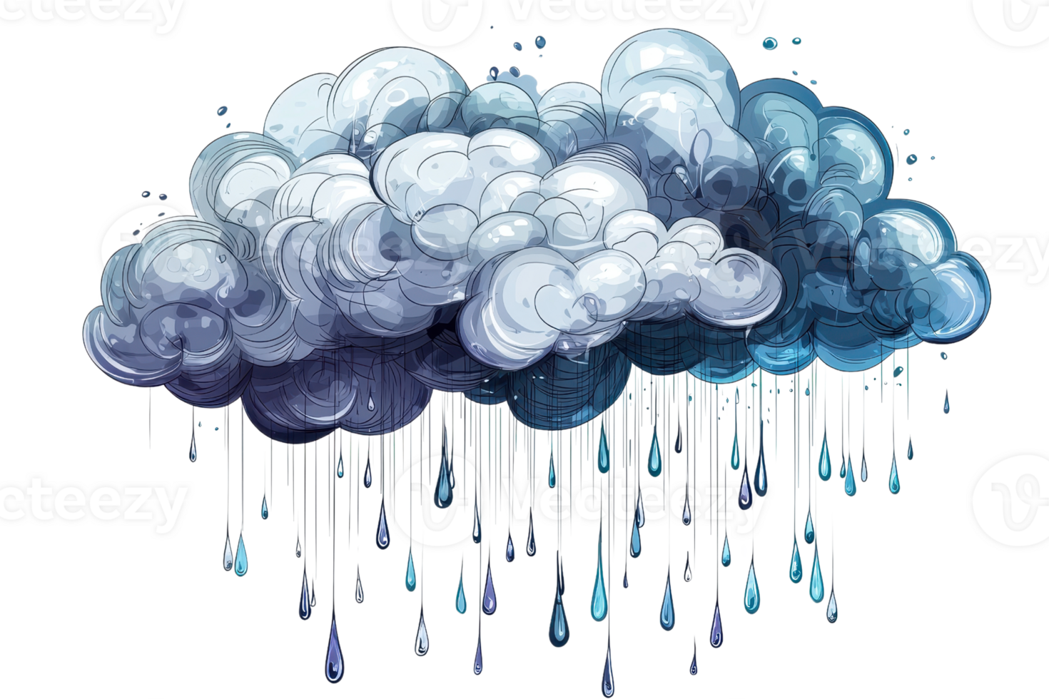 Illustration of a mystical, whimsical cloud with cascading raindrops. Vivid blues and whites create a calming atmosphere, perfect for storytelling. png