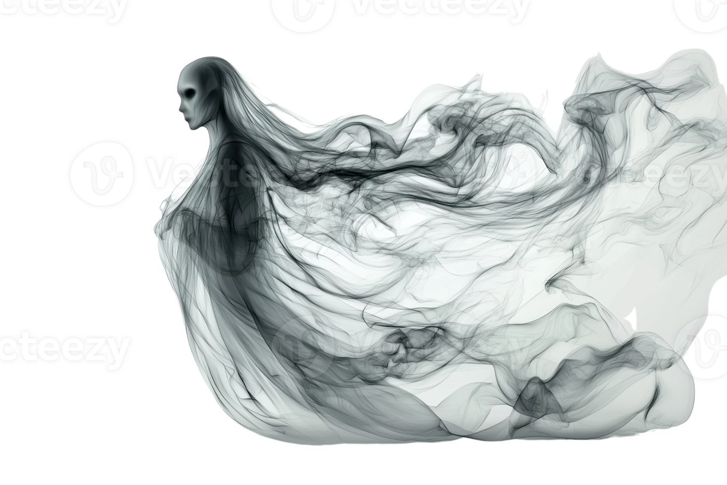 Ethereal ghostly figure in flowing smoke and mist on a transparent background. conveying a sense of mystery, elegance, and supernatural beauty. png