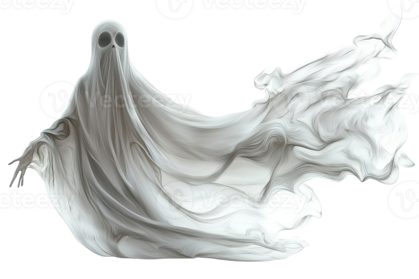 Ethereal ghostly figure floats in a sheer white sheet, evoking feelings of mystery and the supernatural in a dramatic dark setting. png