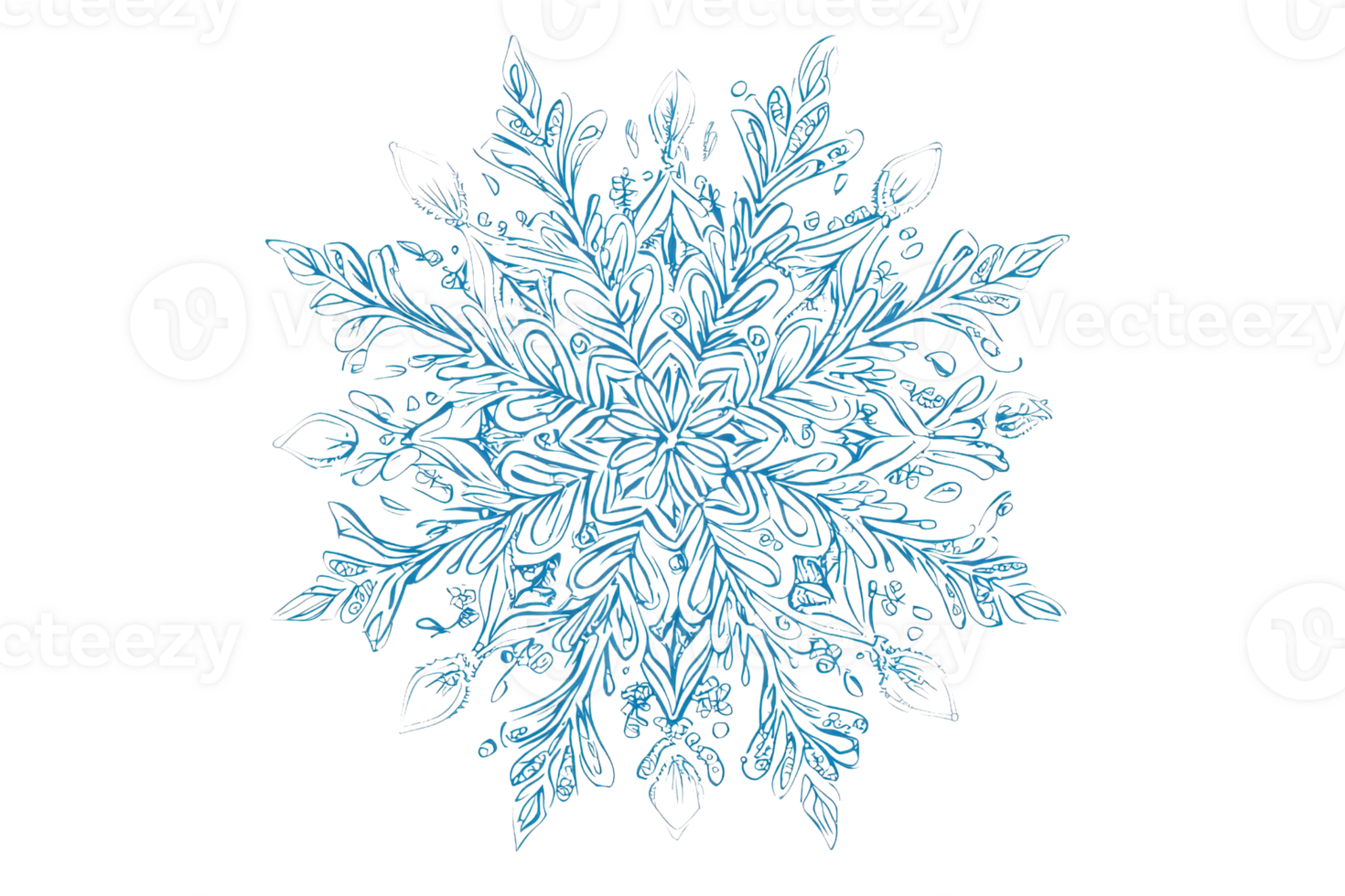 Intricate blue snowflake with detailed patterns on a transparent background, symbolizing winter and frozen elegance. png