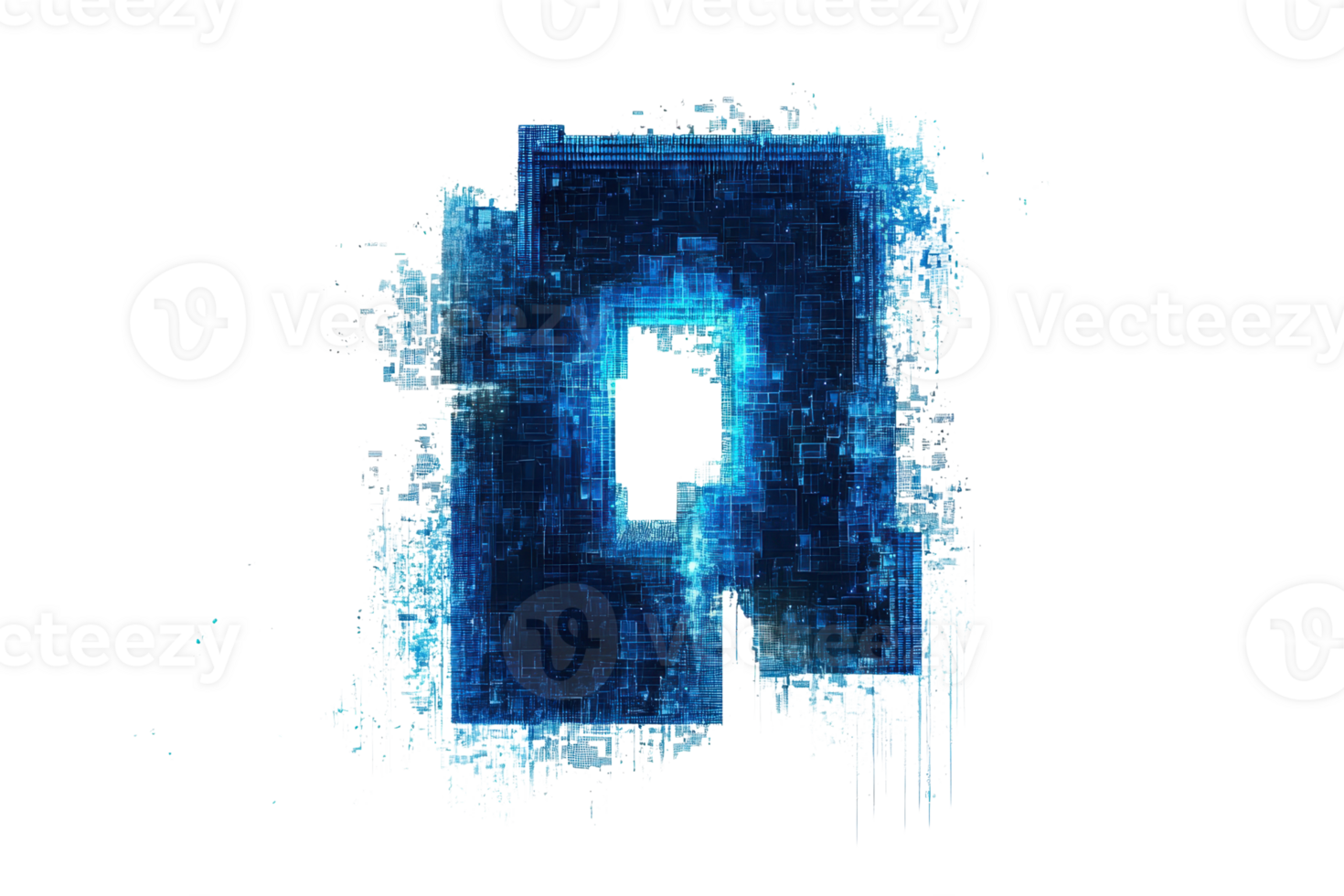 Futuristic blue holographic letter 'A' with digital pixelated texture, evoking advanced technology and innovation on a dark background. png