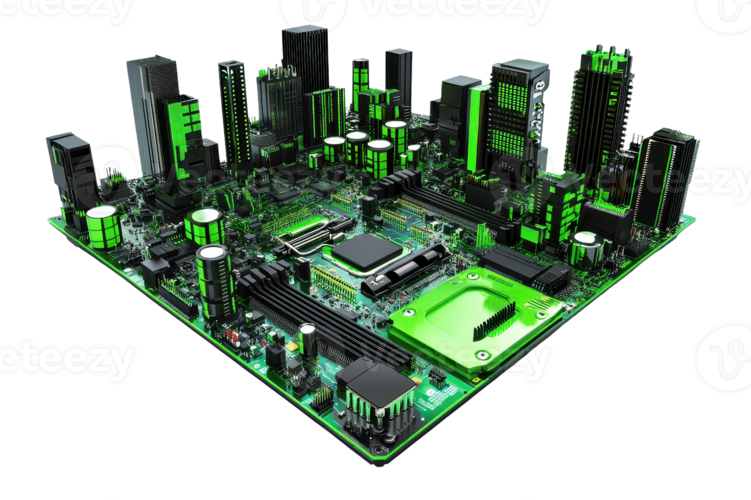 Futuristic green circuit board cityscape blending technology and urban architecture, representing innovation and digital infrastructure. png