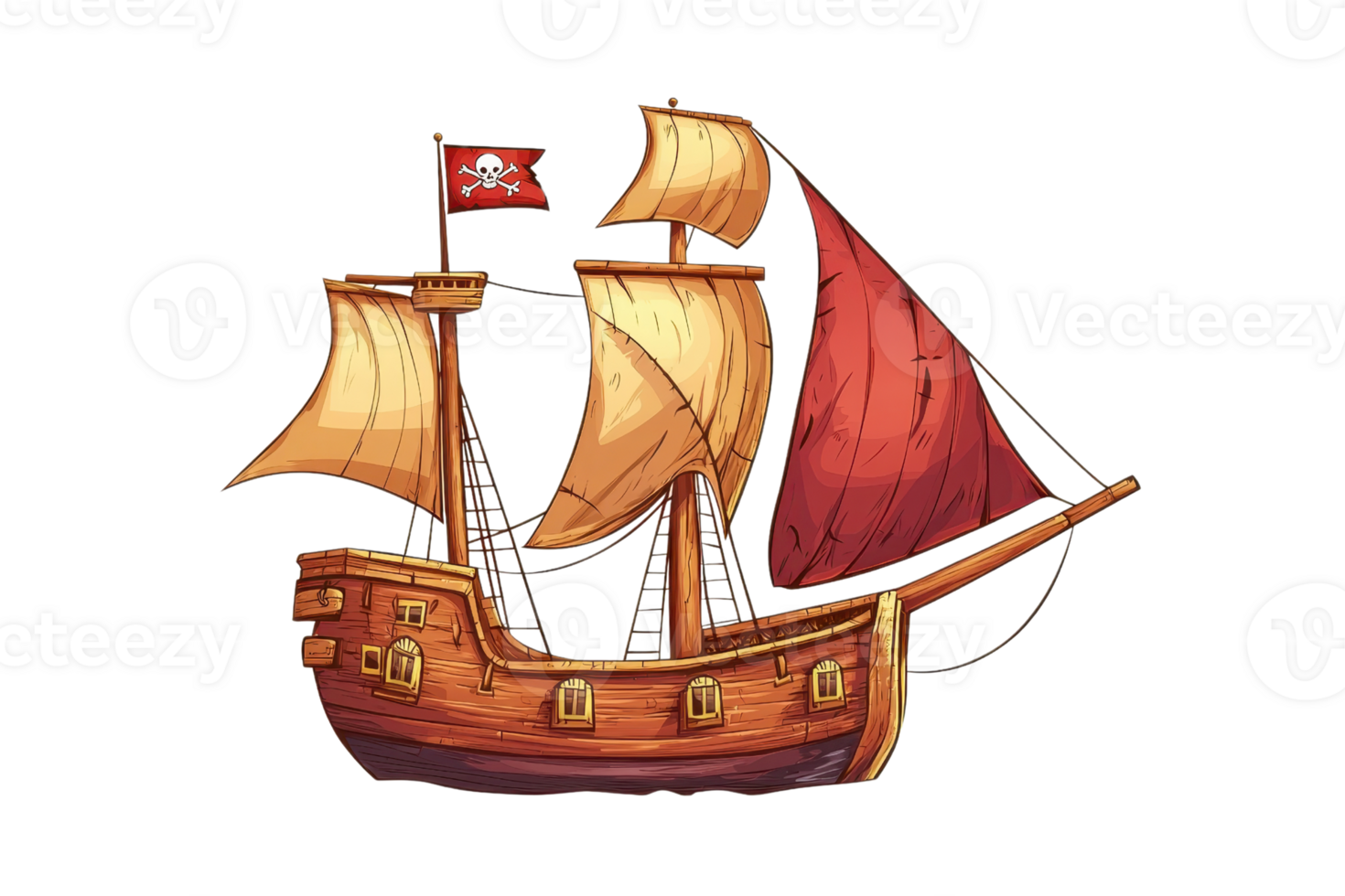 Illustration of a vibrant pirate ship with red sails, featuring a classic design and a skull flag, sailing on an adventurous journey. png
