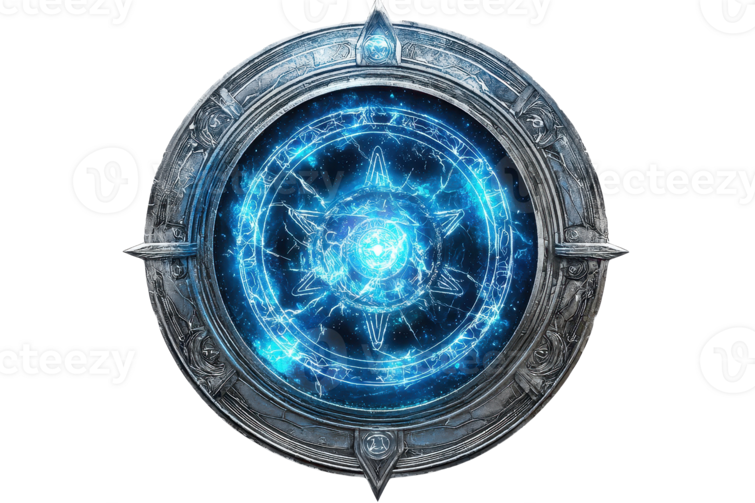 Futuristic energy shield with intricate glowing patterns and metallic border, symbolizing protection and advanced technology. png