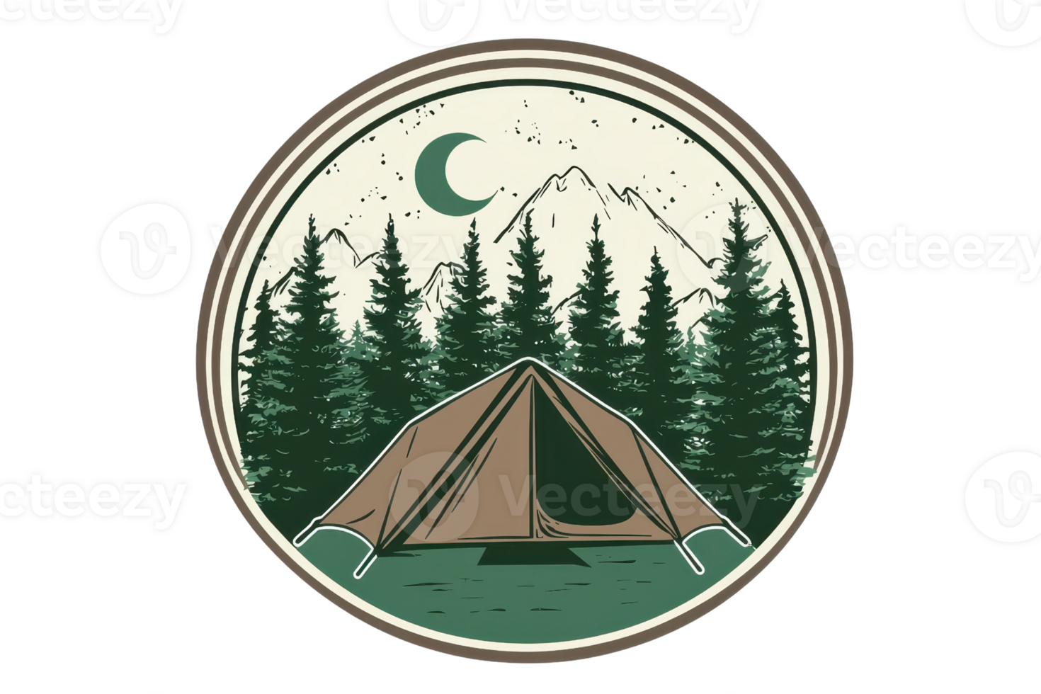 Illustration of a campsite at night, featuring a tent under the stars and moon, surrounded by pine trees and mountains in a circular emblem. png