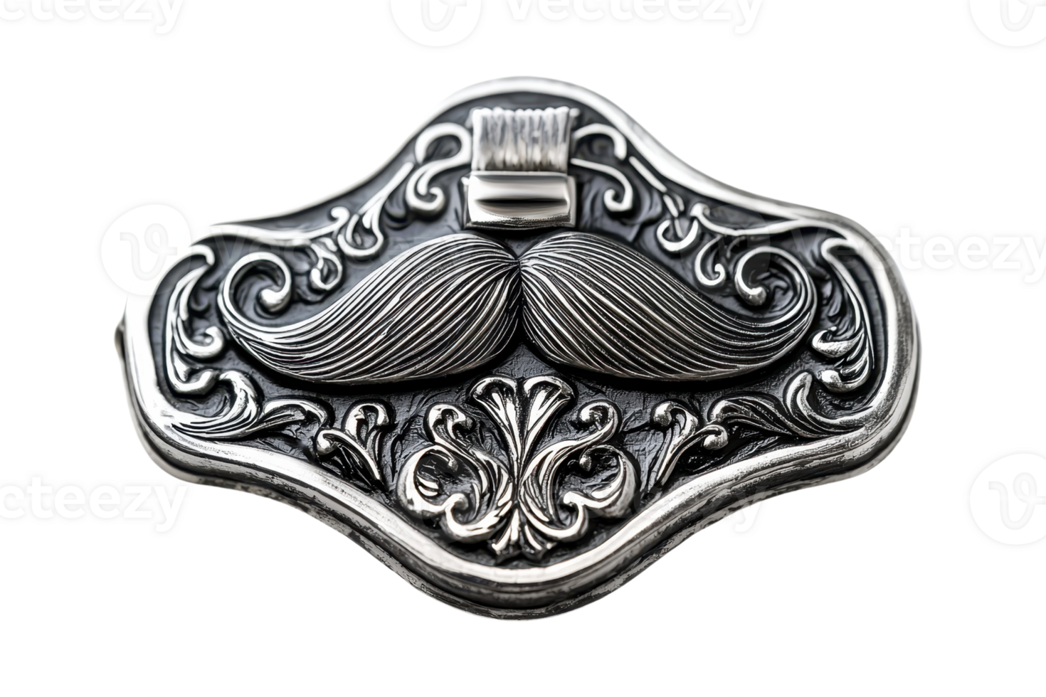 Intricate mustache emblem in ornate silver design on a transparent background. showcasing detailed craftsmanship and elegant styling. png