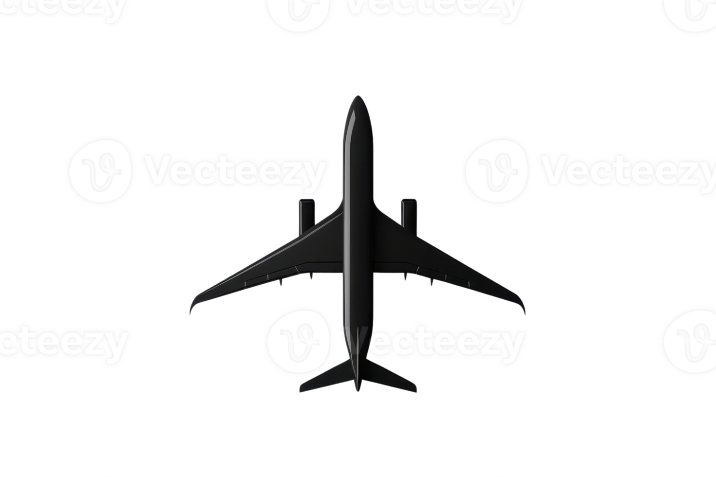 Top view of a black commercial airplane isolated on transparent background. showcasing sleek design and modern aviation technology. png