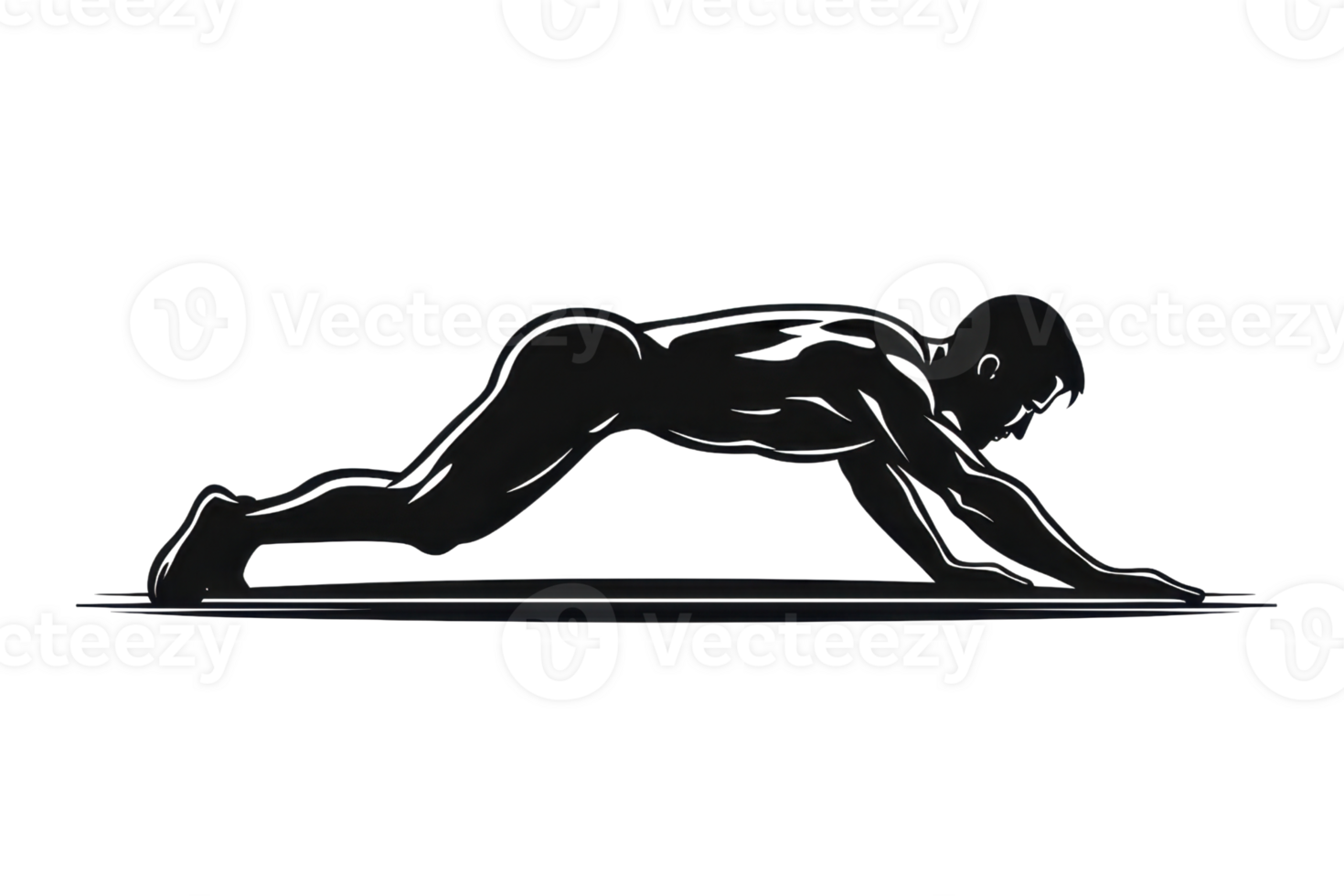 Silhouette of a person performing a low plank exercise focusing on strength and core stability in a gym setting. png