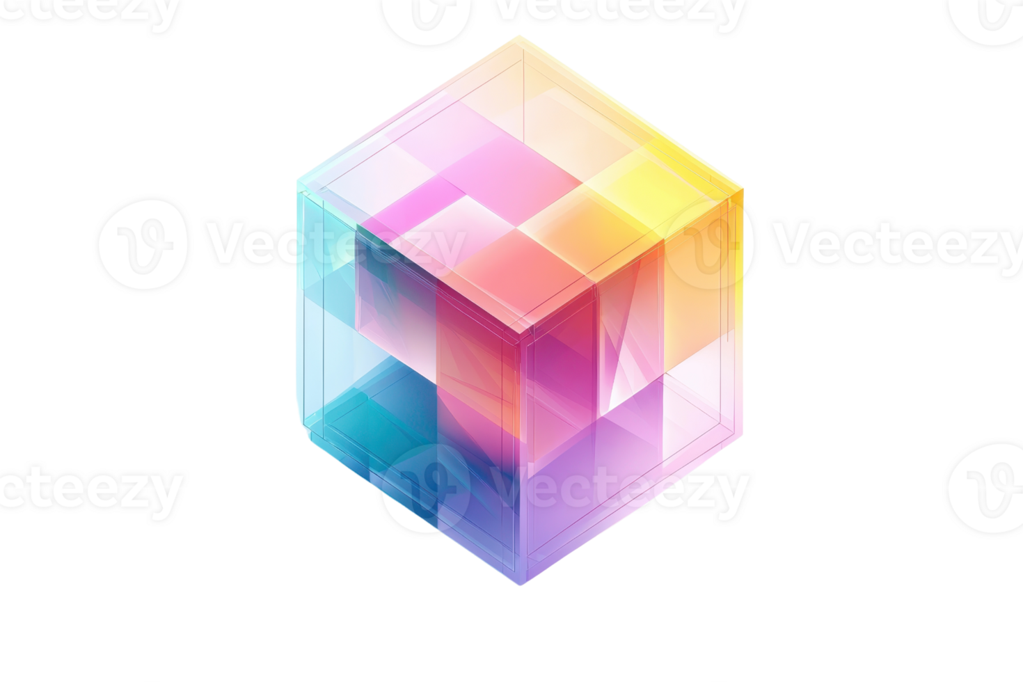 Vibrant, multicolored 3D cube with geometric patterns and gradients, illustrating modern abstract art and digital design concepts. png