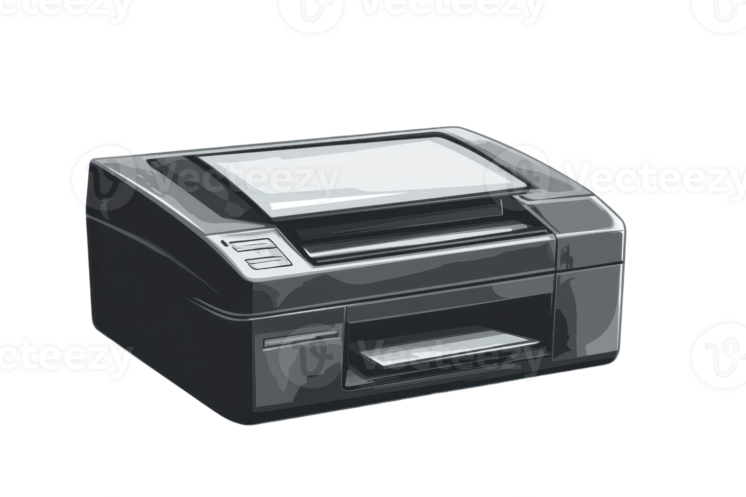 Modern black office printer isolated on transparent background. featuring a sleek design ideal for professional settings and home use. png