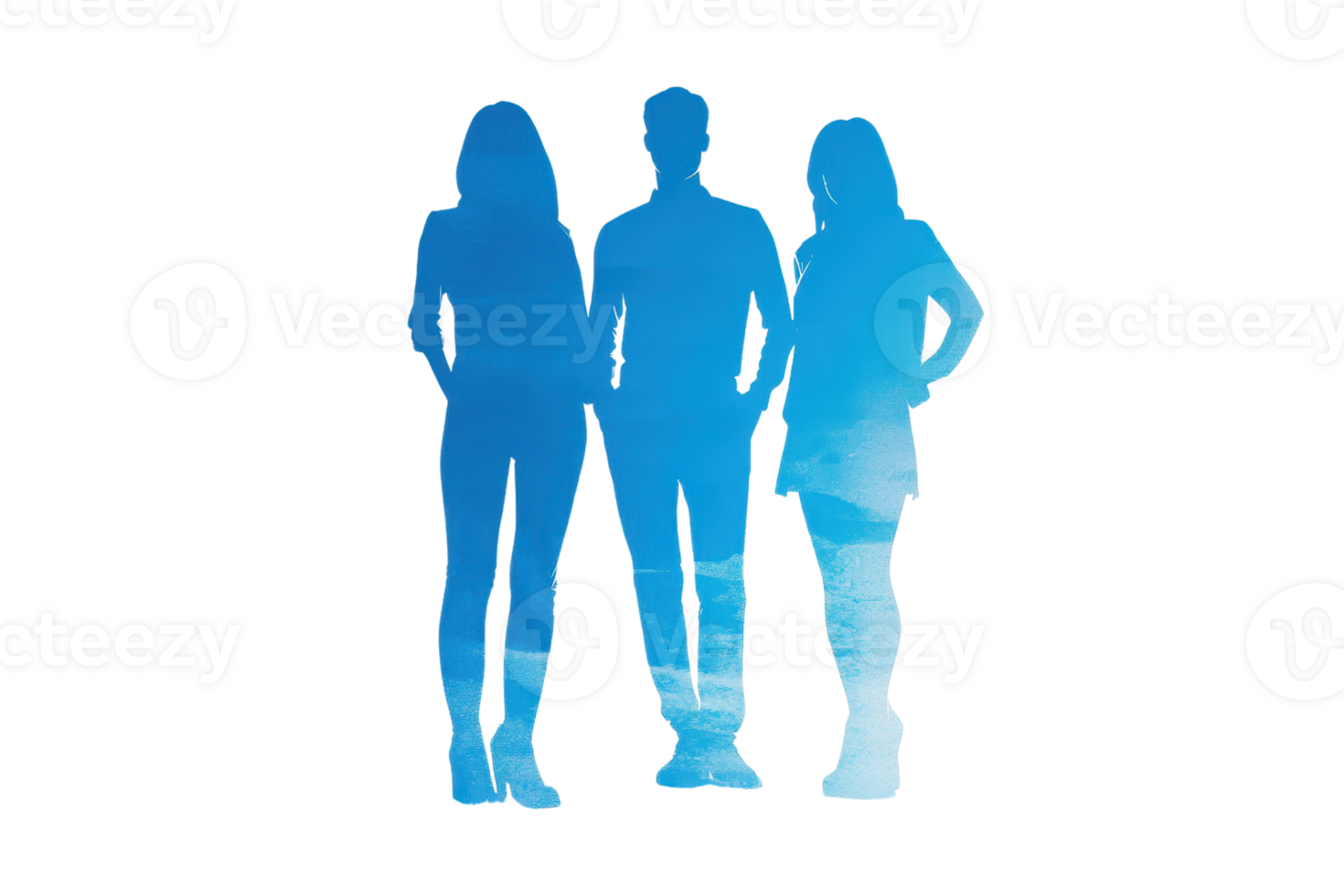 Silhouette of three people with a blue sky background, symbolizing teamwork, unity, and collaboration, isolated on a white backdrop. png