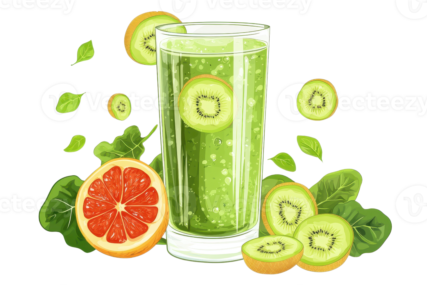 Refreshing green smoothie with kiwi, grapefruit, and spinach, perfect for a healthy snack or breakfast boost. png