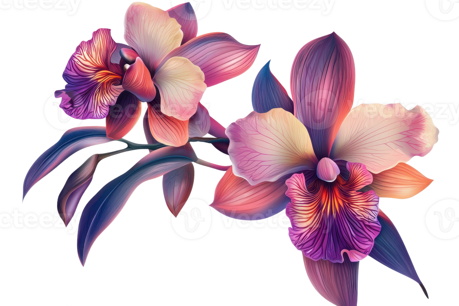 Vibrant illustration of two colorful orchids with exotic petals and leaves, showcasing natural beauty. png