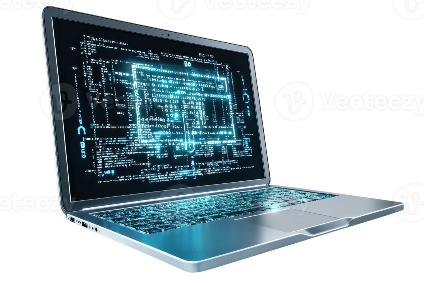 Modern laptop displaying a digital circuit and binary code, symbolizing technology, programming, and data analysis in a sleek design. png