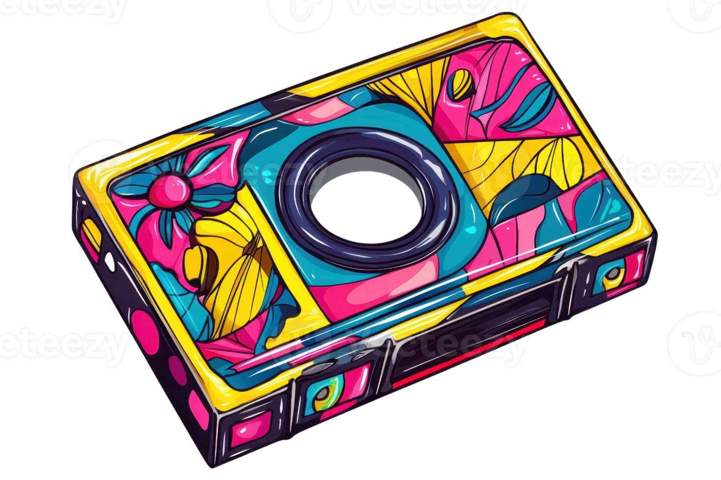 Vibrant abstract camera design with colorful floral patterns, blending modern technology and artistic expression in a unique illustration. png