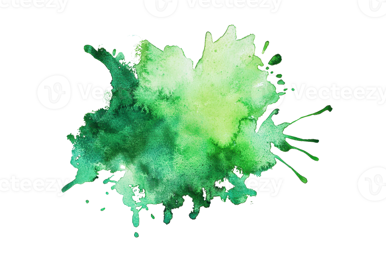 Vibrant green watercolor paint splatter, evoking creativity and abstract art with dynamic splashes and strokes on a transparent background. png