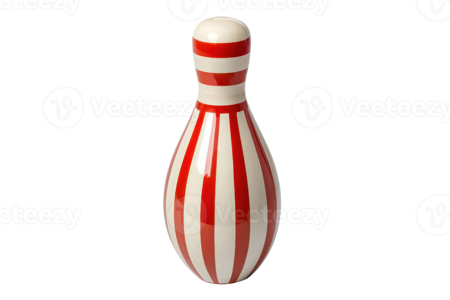 Vibrant red and white striped bowling pin isolated on a transparent background. showcasing its classic design and smooth finish. png