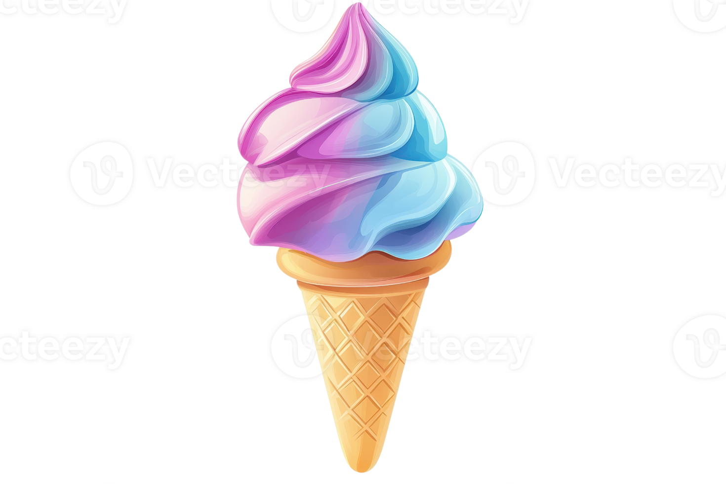 Vibrant pastel-colored soft serve ice cream on a classic cone, perfect for summer days and sweet tooth satisfaction. png