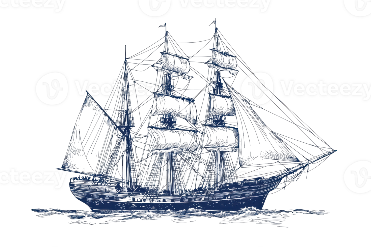 Vintage sketch of a sailing ship with detailed sails and rigging on open water. Perfect for nautical themes and maritime decor. png