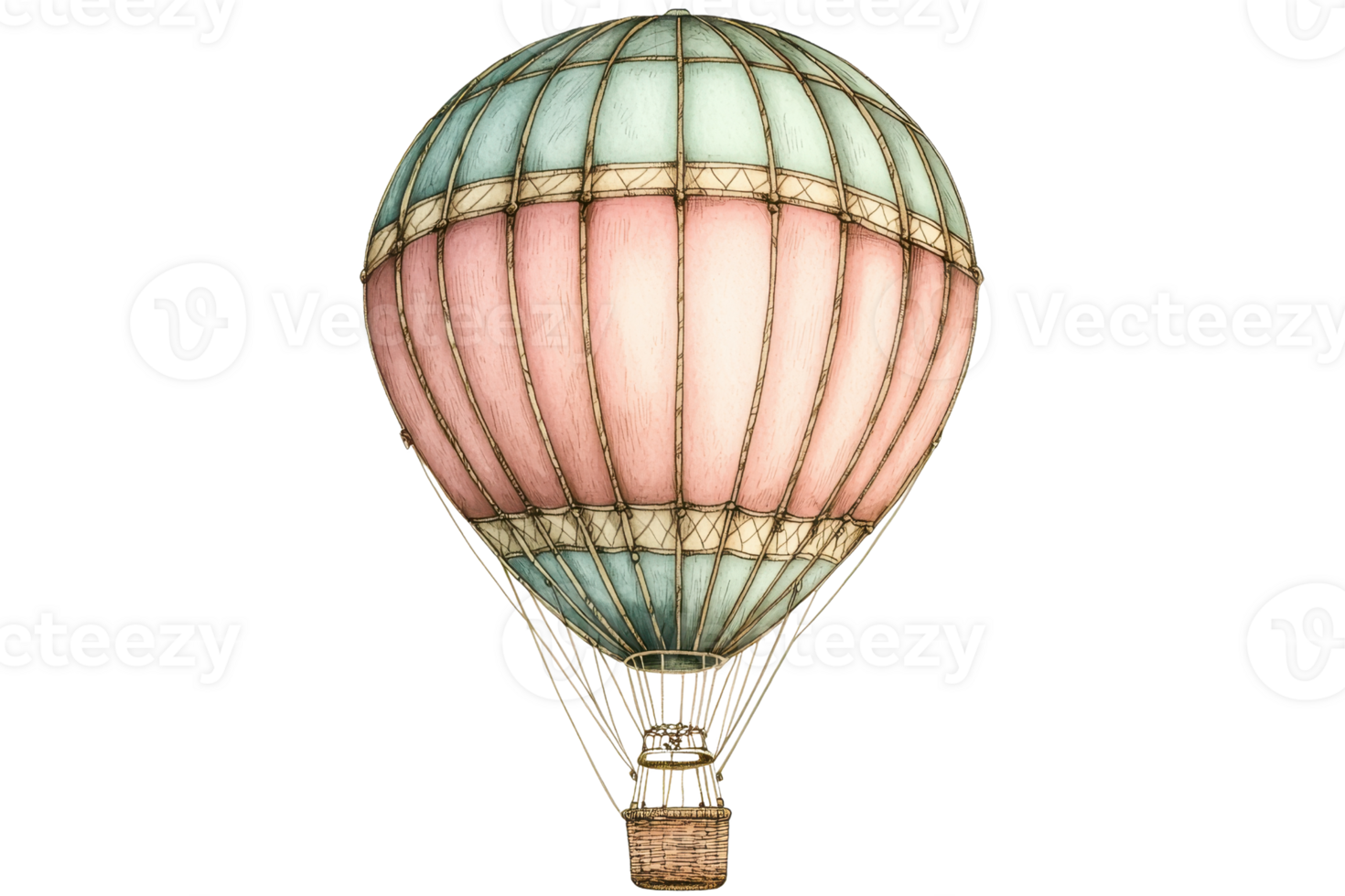 Vintage hot air balloon illustration with pastel colors, evoking adventure and nostalgia in a whimsical, steampunk design style. png