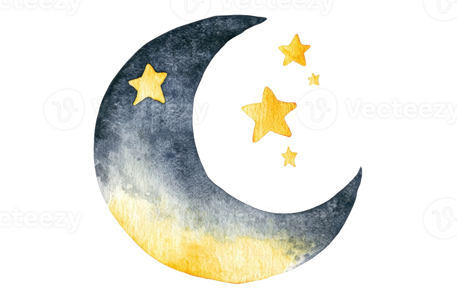 Whimsical watercolor illustration of a crescent moon and stars, creating a serene night sky scene with artistic charm and dreamy allure. png