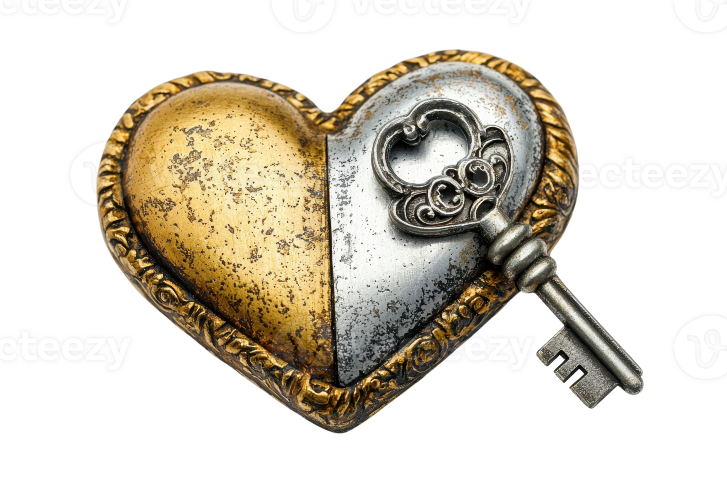 Vintage heart-shaped pendant with intricate design and ornate key, symbolizing love and mystery. Perfect for jewelry, romance themes. png
