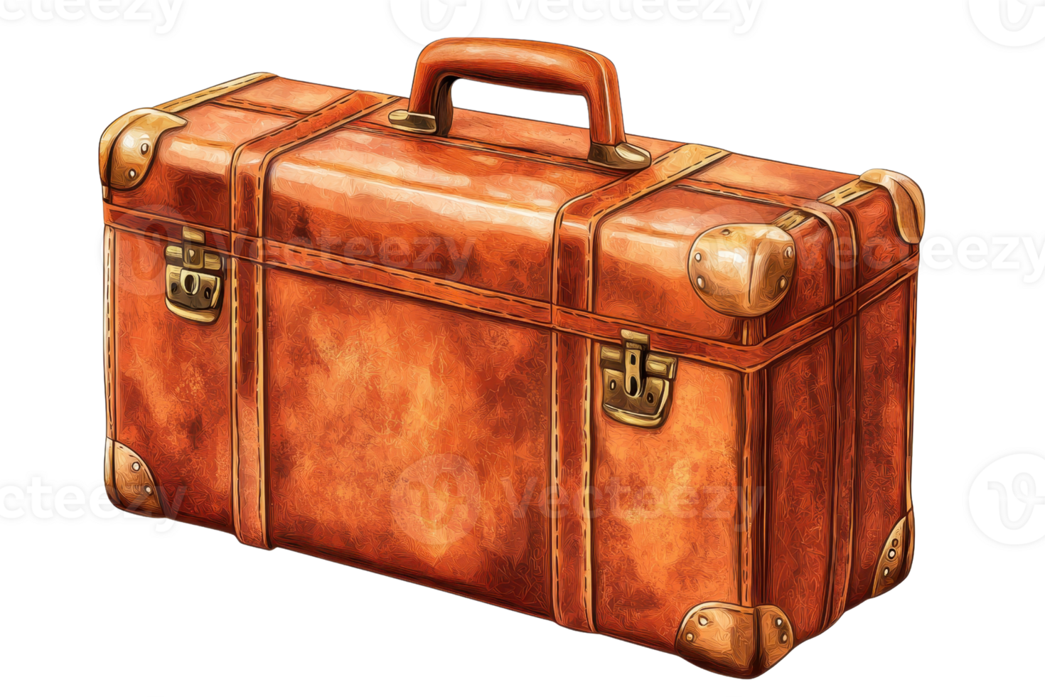 Vintage leather suitcase with brass accents, perfect for travel or decoration. Timeless style and durable design for any adventure. png