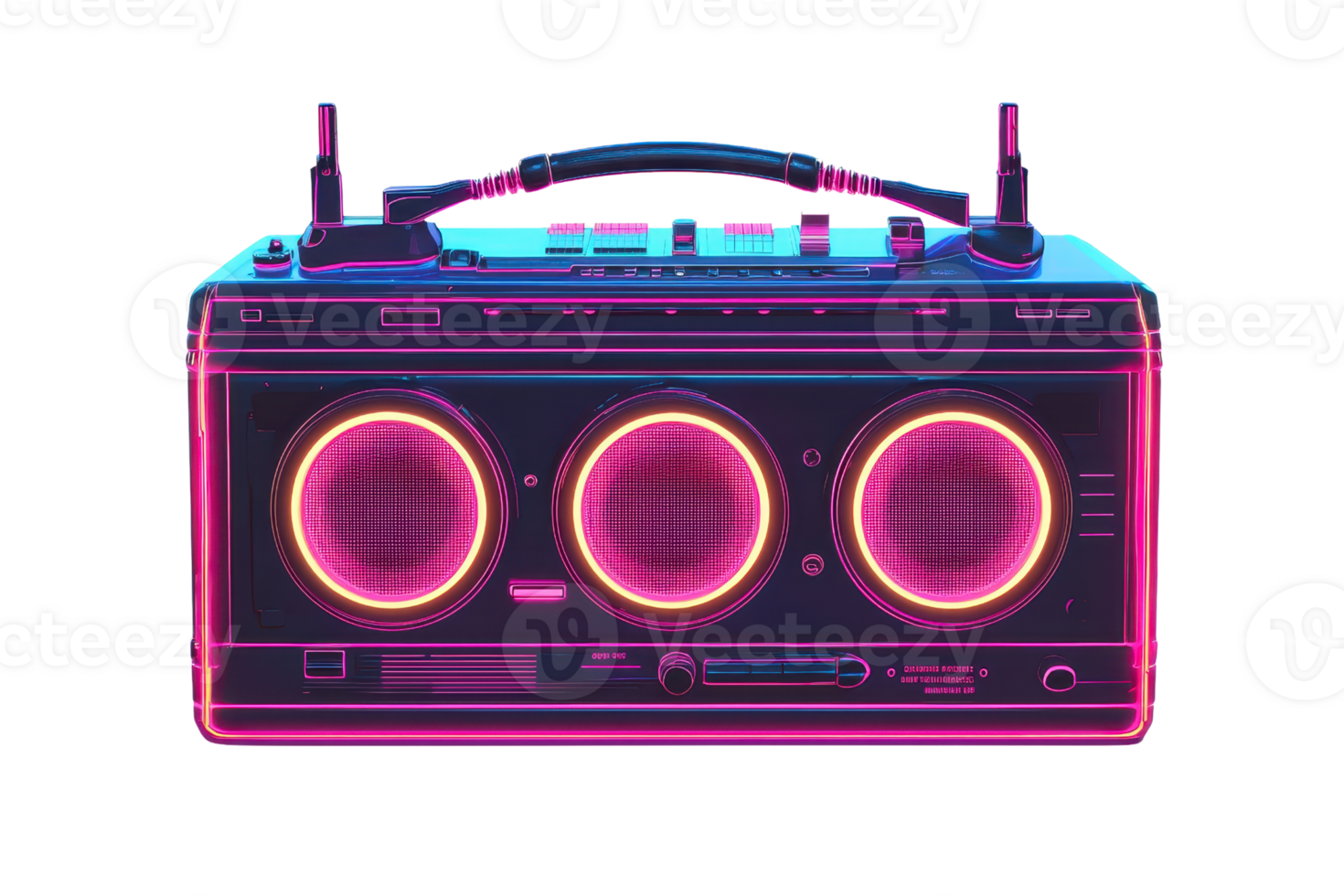 Vintage neon boombox with pink and purple lighting effect. Retro style music device showcasing a vibrant and classic design. png