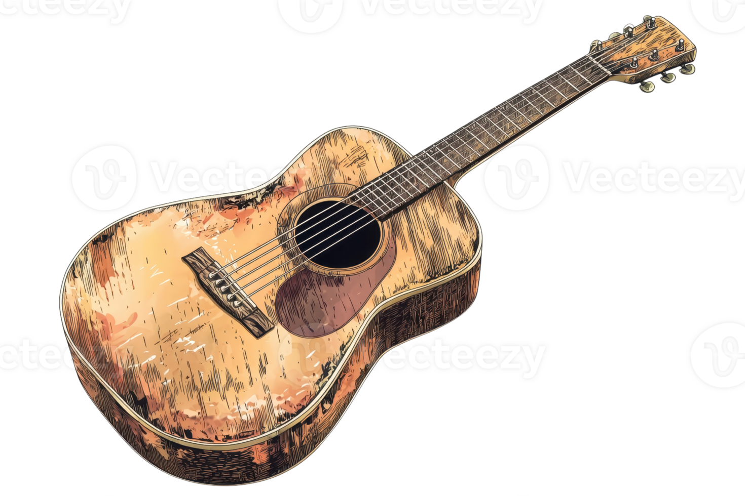 Vintage acoustic guitar with weathered details, showcasing its classic design and rustic charm, perfect for music lovers and musicians. png