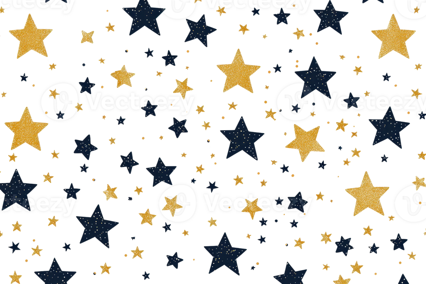 Vibrant star pattern with gold and dark blue stars scattered on a transparent background. creating a dazzling cosmic effect. png