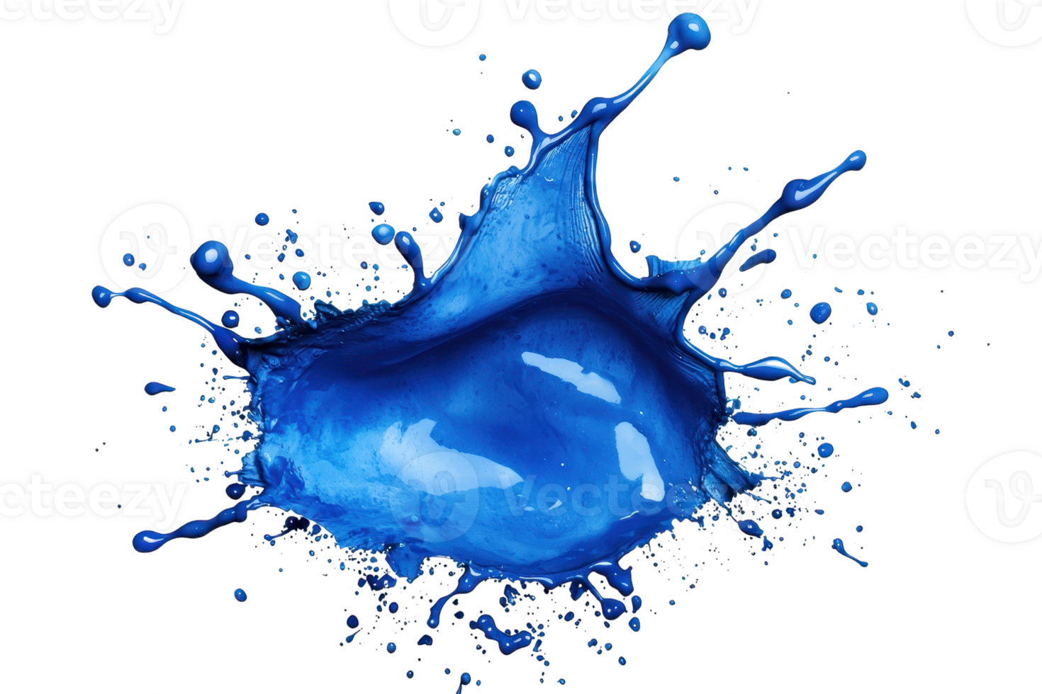 Vibrant splash of blue paint captured in mid-air with intricate droplets and dynamic motion, illustrating creativity and artistic expression. png