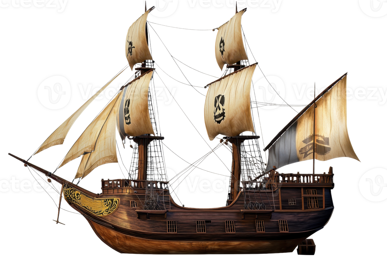Vintage wooden sailing ship with billowing sails against a transparent background. Detailed illustration captures maritime history and adventure. png