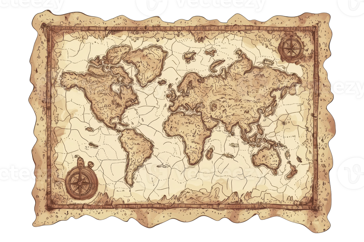 Vintage world map illustrating continents with antique design, ideal for historical themes and adventure concepts in a rustic style. png