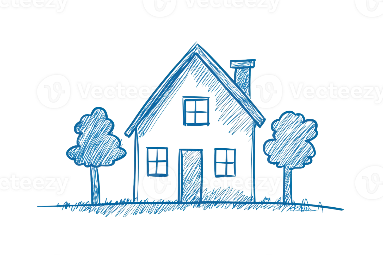 Blue sketch of a house with trees, showcasing a classic home design concept with architectural charm and simplicity. png