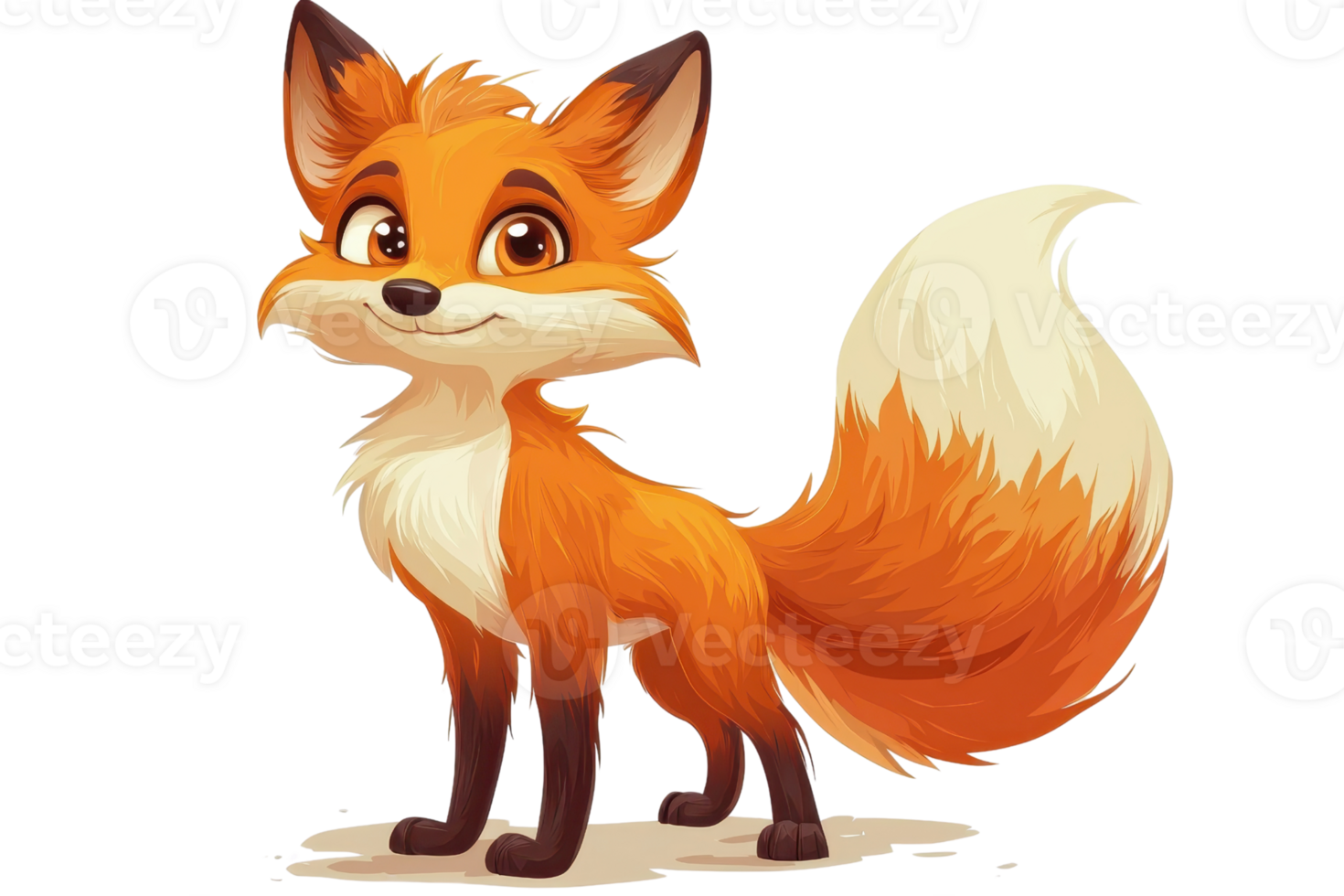 Adorable cartoon fox with fluffy tail and bright eyes, standing confidently. A perfect illustration for children's books or playful designs. png