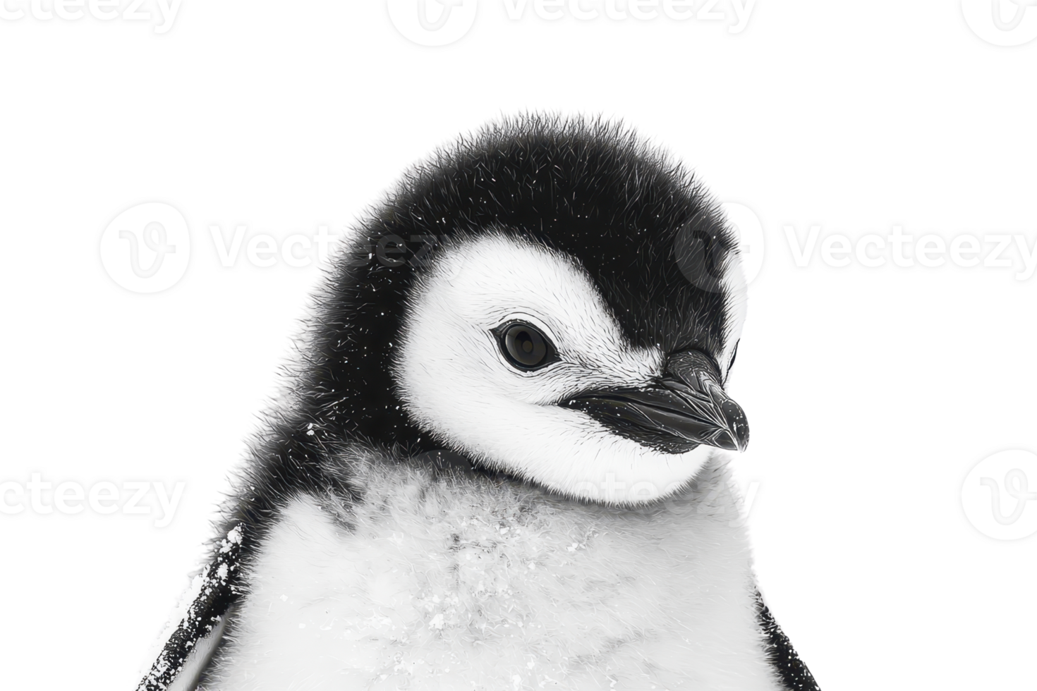 Close-up of a fluffy penguin chick with soft plumage, showcasing detailed features against a transparent background. embodying innocence and nature. png