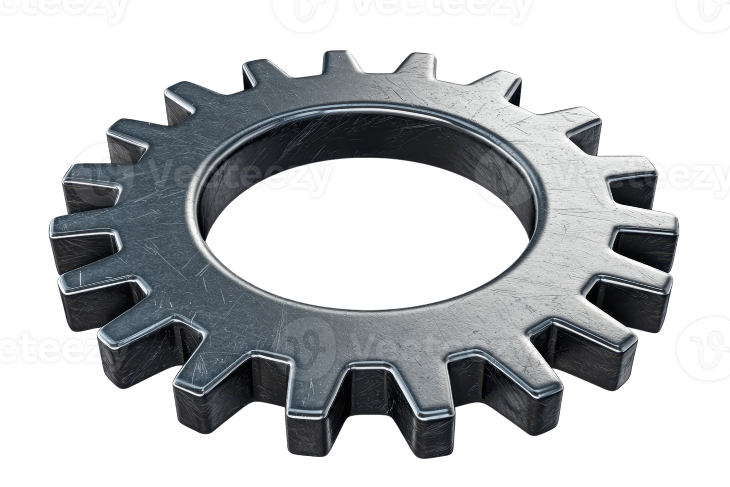Close-up of a metallic gear on a transparent background. showcasing industrial mechanics and engineering precision in machinery components. png