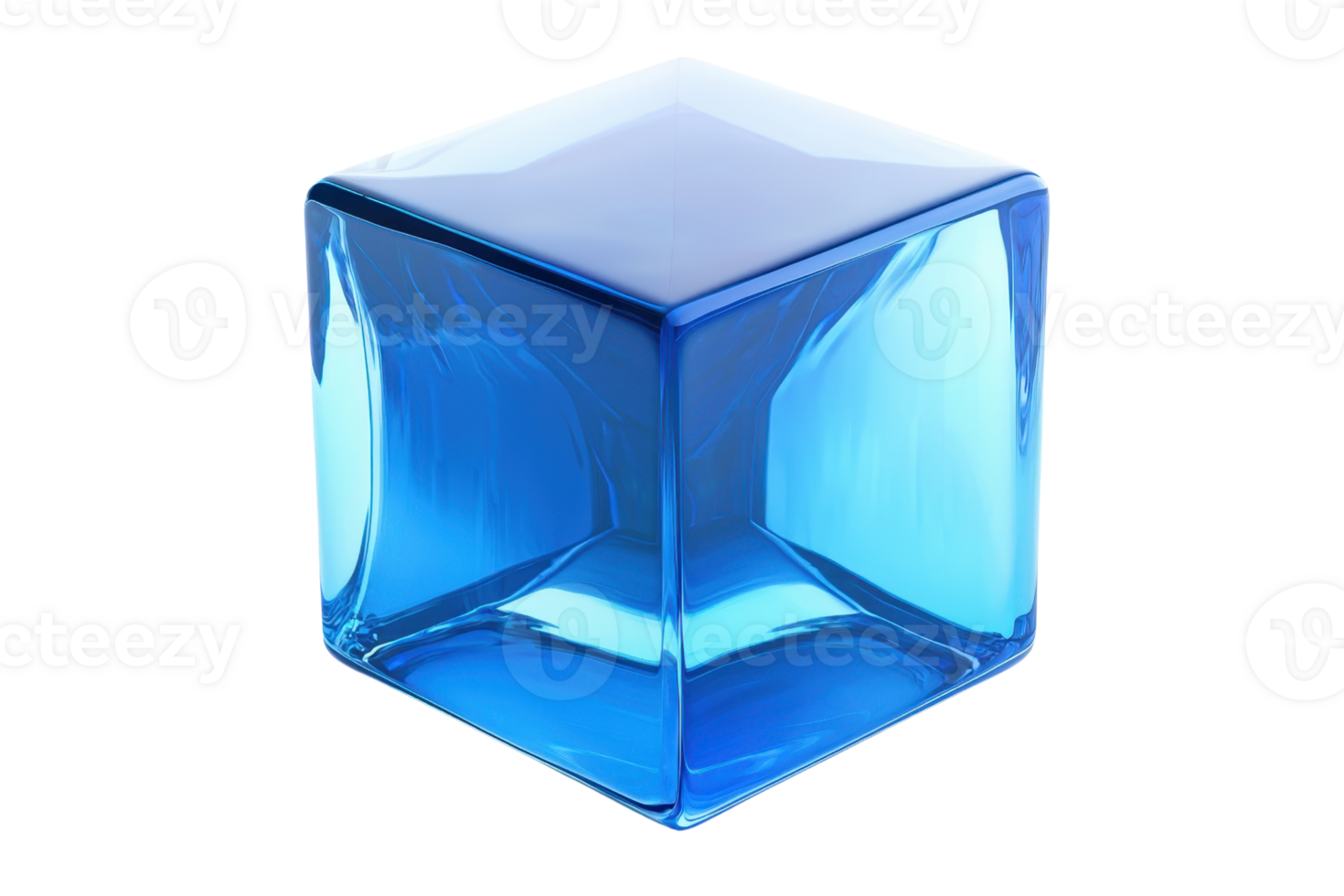 A translucent blue glass cube with a glossy finish, showcasing elegant reflections and geometric symmetry in a minimalist style. png