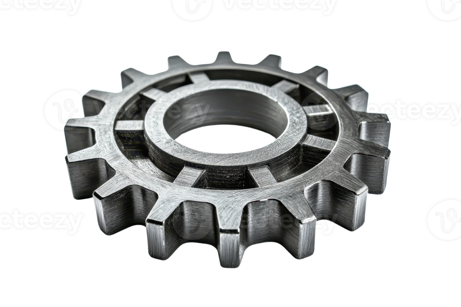 Close-up of a single metallic gear with teeth visible, isolated on a transparent background. Essential engineering component in machinery. png