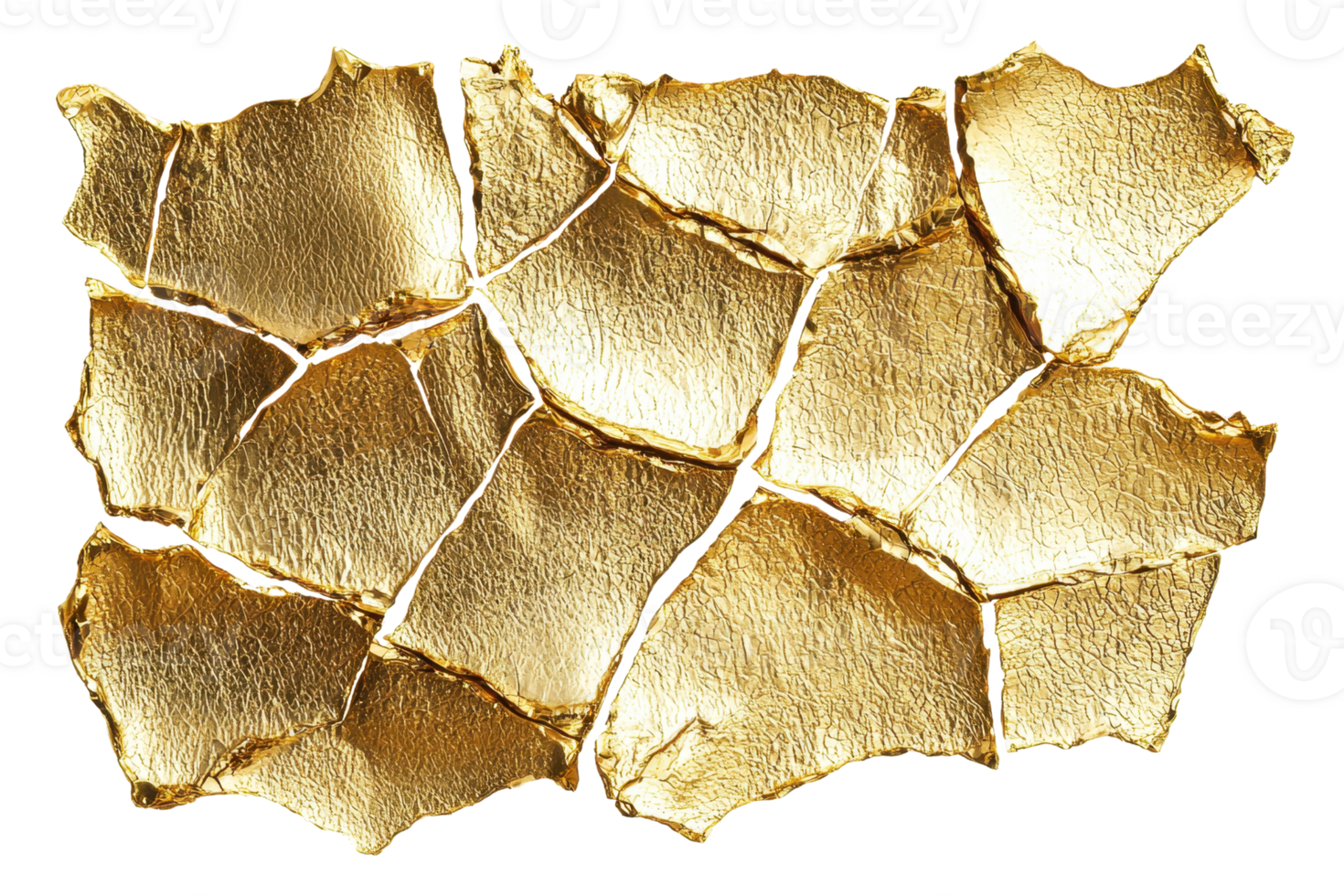 Abstract textured gold foil pieces arranged artistically, creating a luxurious pattern perfect for backgrounds and design inspiration. png