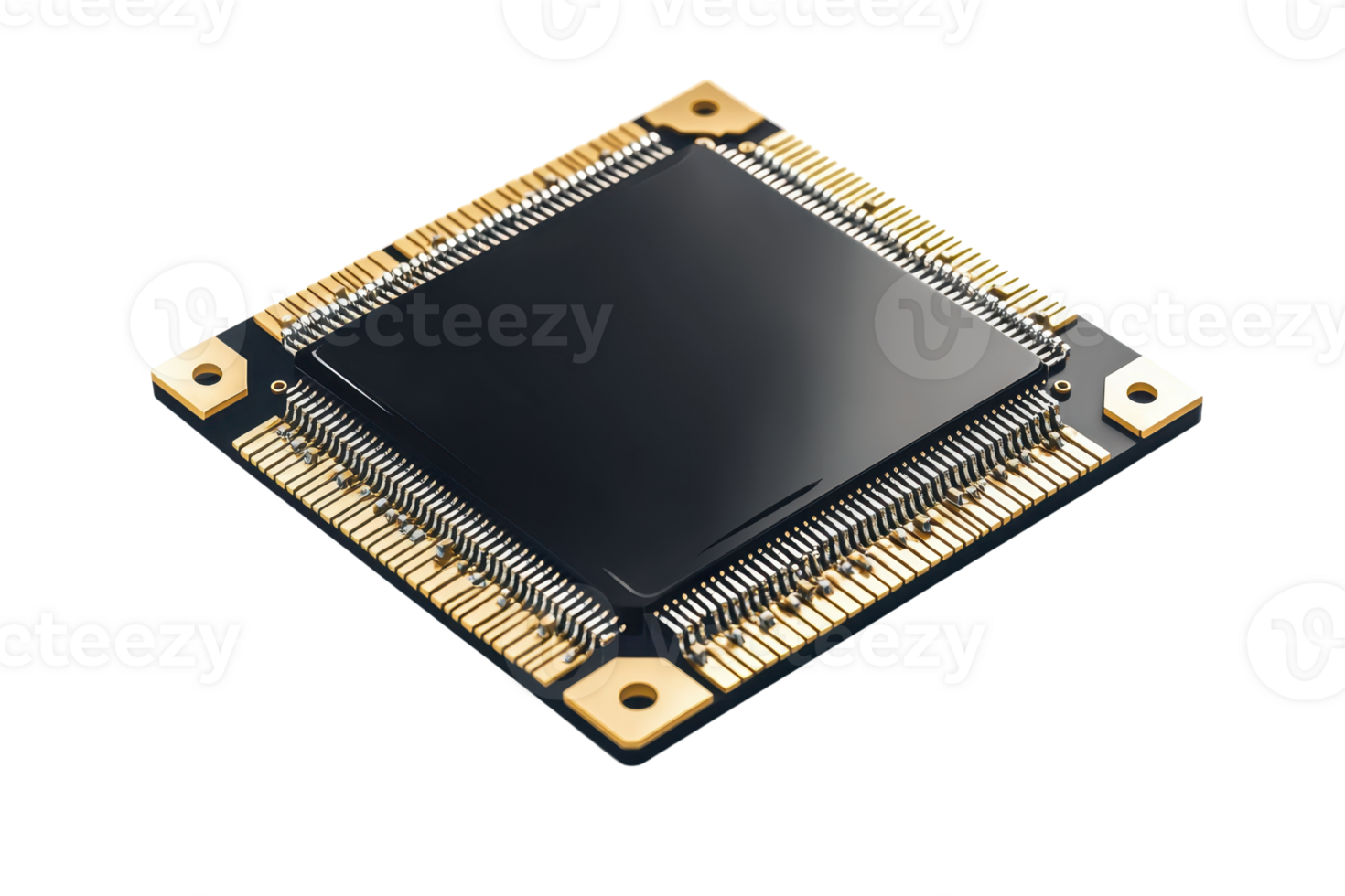 Close-up of a modern microchip on a transparent background. showcasing intricate circuit design and advanced technology components. png