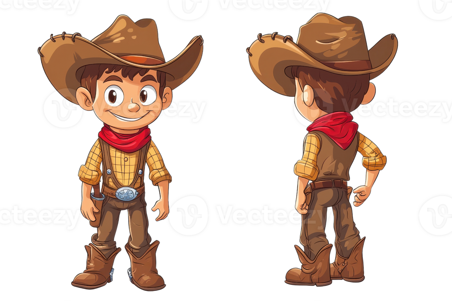 Cartoon illustration of a young cowboy wearing a hat and bandana, front and back view, in a playful and cheerful pose. png