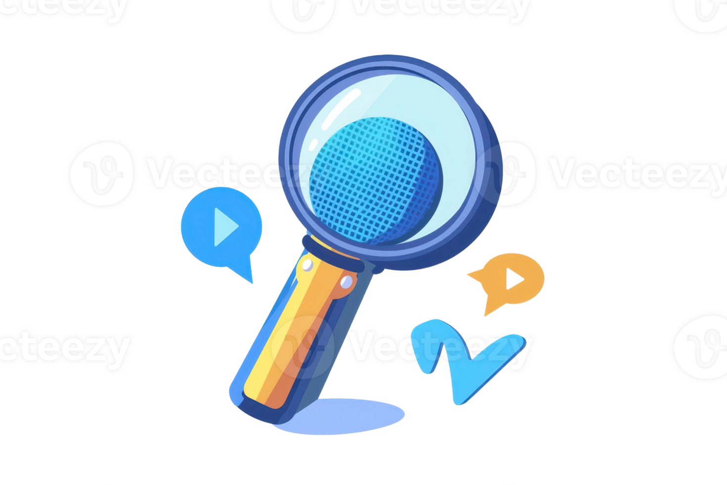 Colorful illustration of a cartoon magnifying glass with speech bubbles and numbers, symbolizing exploration and discovery. png