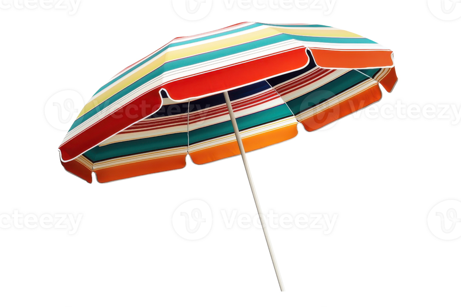 Colorful striped beach umbrella against a clear sky, perfect for summer and vacation themes in outdoor settings. png